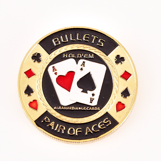 NPL NATIONAL POKER LEAGUE, BULLETS, PAIR OF ACES (Gold) Poker Card Guard