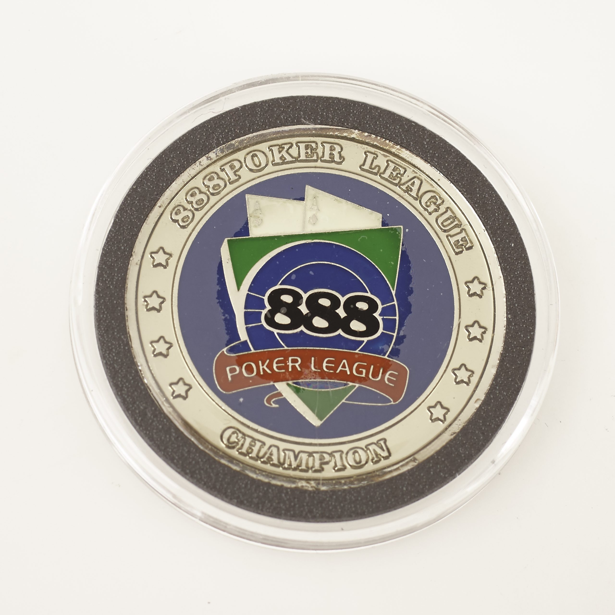 888 POKER LEAGUE, CHAMPION, (SILVER Circular Rim) Poker Card Guard