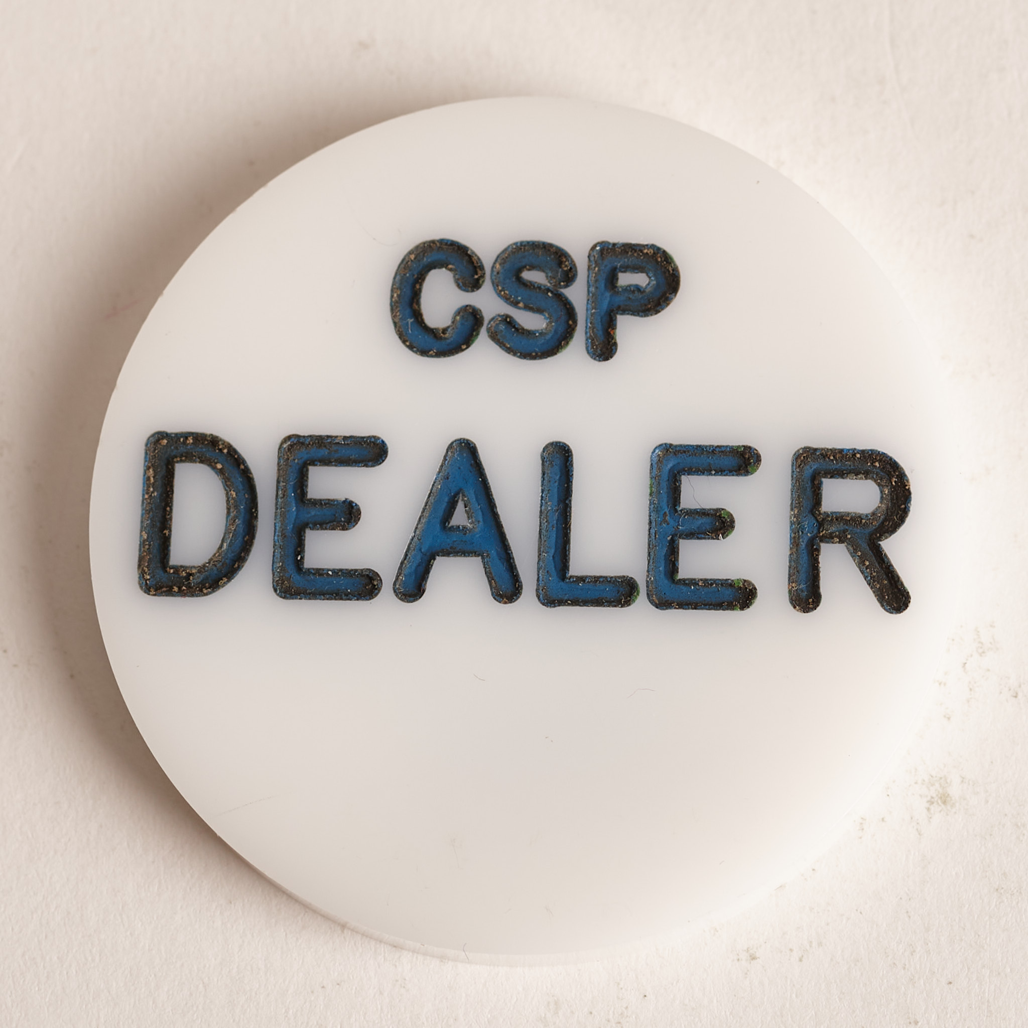 CSP CASINO SAN PABLO, DEALER, (Navy Blue Lettering), Poker Dealer Button